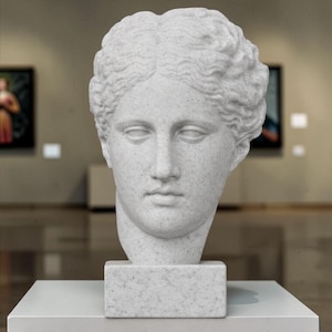 May include: A white marble bust of a classical female figure, with detailed facial features and curly hair. The sculpture is mounted on a rectangular base and displayed on a white pedestal in a museum setting.