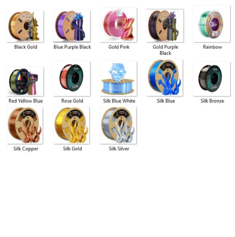 Op de afbeelding: Assortiment van 12 spoelen filament voor 3D-printen in verschillende kleuren, waaronder zwart, goud, roze, blauw, wit, brons, koper en zilver. Elke spoel is gelabeld met de kleurnaam.