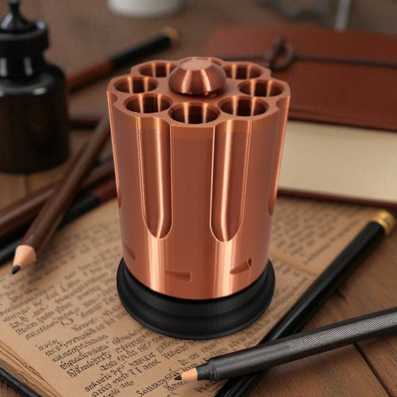 Spinning Revolver Cylinder Pen Holder, 3D Printed PLA Pencil Cup, Western Desk Organizer