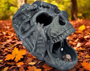 Tour de dés imprimée en 3D avec crâne enveloppé de dragon – Accessoire de jeu gothique