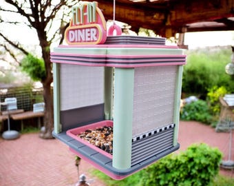 Retro Bird Feeder with Fly-In Diner Design and Custom Color Options
