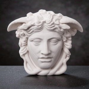 A white Medusa head sculpture with serpent hair and a braided chin piece, set against a dark background.
