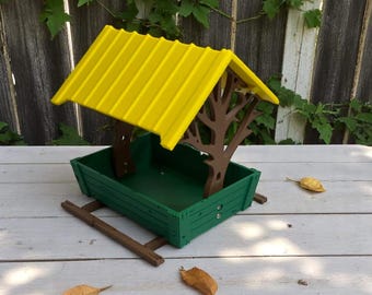 Rustic Bird Feeder, Yellow Roof, Tree Branch Design, Garden Decor (Small or Large)