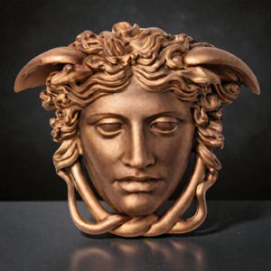 A bronze-colored Medusa head sculpture with serpent hair and a braided chin piece, set against a dark background.