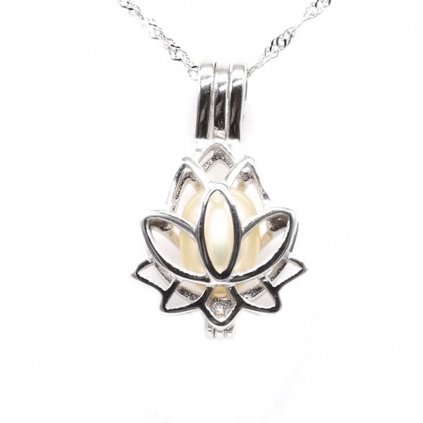 Pearl cage pendant, sterling silver pearl cage, lotus flower pearl cage necklace, wish pearl pendant, white real pearl charm, F3000-P