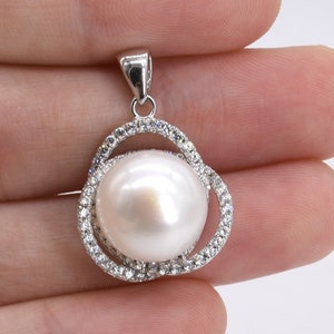 White pearl pendant, bling crystal pendant, 925 sterling silver freshwater real pearl pendant, wedding pearl necklace, 11-12mm, F2840-XP