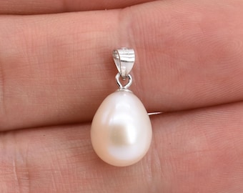 AA+ pearl pendant, natural freshwater pearl pendant white or black, sterling 925 silver necklace, teardrop pearl charm 10-12mm long F1330-WP