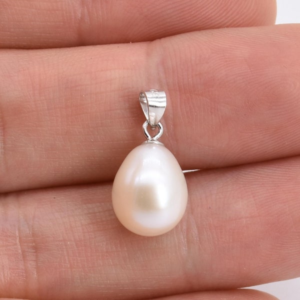 AA+ pearl pendant, natural freshwater pearl pendant white or black, sterling 925 silver necklace, teardrop pearl charm 10-12mm long F1330-WP