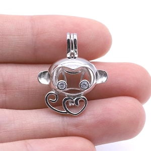 pearl cage pendant, monkey cage charm, sterling 925 silver wish pearl cage necklace, heart pendant for kids, silver animal cage F3050-P