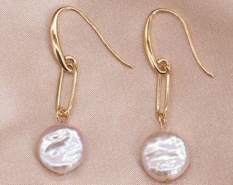 Pendientes de perla con forma de moneda, pendientes colgantes de perla genuina, pendientes colgantes de perla de agua dulce, pendientes de dama de honor, pendientes colgantes F3405-WGE