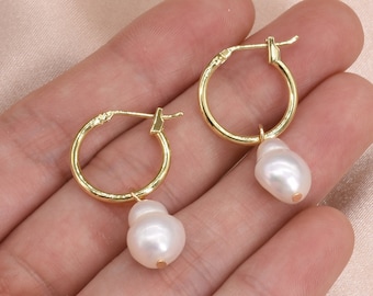 Aros de perlas barrocas, pendientes de aro con perlas, pendientes colgantes, pendientes de perlas barrocas de agua dulce, pendientes colgantes con cierre de pestillo F3540-WGE