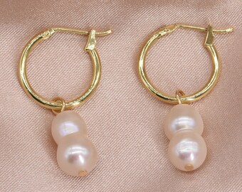 Pendientes de aro con dos perlas, pendientes de perlas barrocas, pendientes colgantes, aros minimalistas de perlas de agua dulce con forma de 8, regalo para ella F3545-WGE