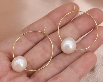 Pendientes de aro de perla grande, pendientes de perla auténtica, perlas redondas de 11-12 mm, pendientes de novia para dama de honor, joyería de boda, regalo para ella F3515-WGE