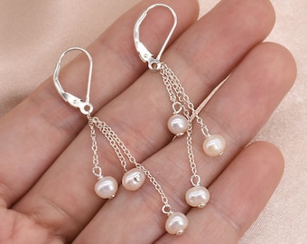 Pendientes de perlas, pendientes colgantes de triple perla de semilla, pendientes de perlas naturales con cierre de palanca de plata de ley, pendientes para niña de las flores de boda F3485-WE