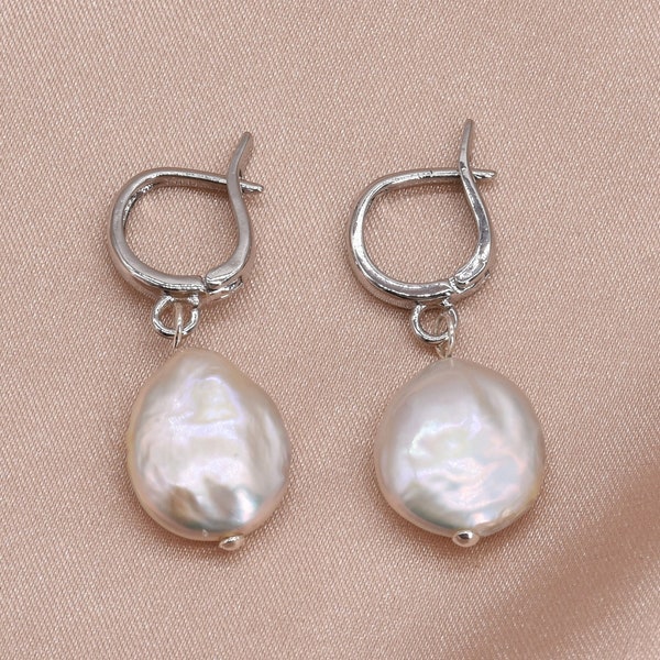 Coin Pearl Huggie Hoops, Dangling Pearl Earrings, Pearl Hoop Earring, Huggie Earrings, Bridesmaids Minimalist Wedding Earrings F3400-WXE