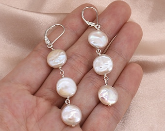 Pendientes colgantes de perlas, pendientes redondos de perlas tipo moneda, perlas de agua dulce auténticas, pendientes de novia, pendientes de damas de honor, pendientes colgantes F3410-WE