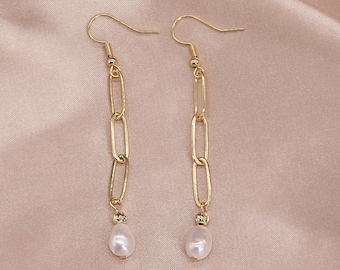Pendientes de perlas barrocas, pendientes colgantes de perlas de agua dulce, pendientes colgantes de perlas auténticas, pendientes de dama de honor, pendientes colgantes F3465-WGE