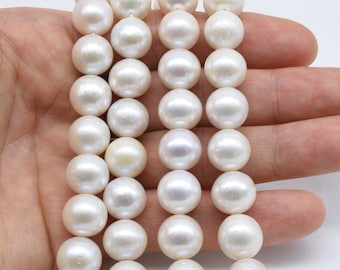 Perla grande de 12-13 mm, perla de agua dulce blanca casi redonda, perlas grandes genuinas naturales, se puede perforar un agujero grande, agujero grande disponible, FR822-WS
