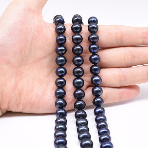 Cuenta de perla negra de bajo precio, perlas casi redondas de 8,5-9,5 mm, perlas de agua dulce, hebra de perlas sueltas naturales, agujero grande disponible, FR649-BS