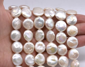 13-14mm coin pearls, white freshwater pearl beads, genuine pearl coin bead string, lustrous natural flat round pearl on sale, FC670-WS