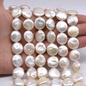 13-14mm coin pearls, white freshwater pearl beads, genuine pearl coin bead string, lustrous natural flat round pearl on sale, FC670-WS