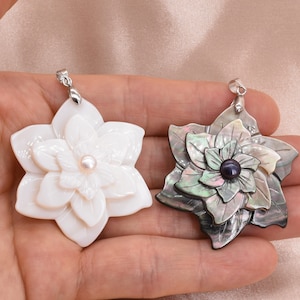 Mother of pearl shell pendant, flower shell pendant, Tahitian gray MOP sea shell charm,  shell 925 sterling silver white MOP charm, SH1250-P