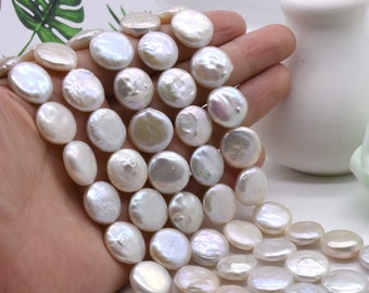 Perles de perles de qualité AA, 14-15mm, perles de pièces blanches, pièces de nacre épaisses, véritable perle d’eau douce, grandes perles rondes plates FC750-WS