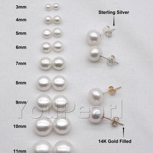 Pearl Stud Earrings, 14K Gold Filled | Sterling Silver, Freshwater Tiny to Large AA+ 3mm 4mm 5mm 6mm 7mm 8mm 9mm 10mm 11mm Classic Earrings
