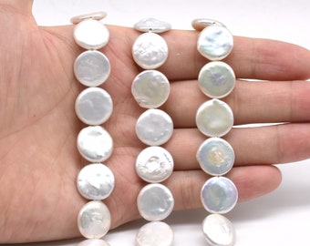 Perles blanches de pièce de monnaie AA 13-14mm, perles épaisses lisses de pièce de monnaie de nacre de surface, véritable corde de pièce de monnaie de perle de haute qualité d’eau douce de bonne qualité, FC700-WS