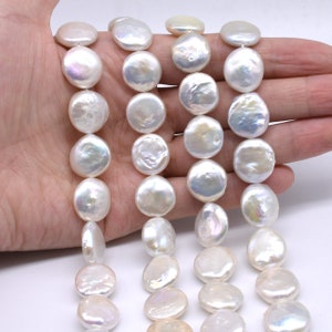 Coin pearl beads, 14-15mm, white coin pearls, thick nacre coins, genuine freshwater pearl coin bead, quality big flat round pearls FC748-WS