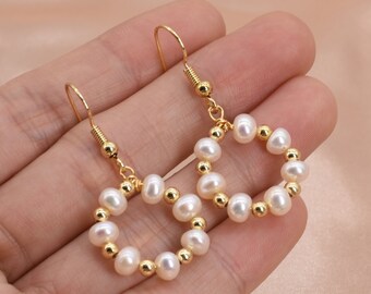 Aros de perlas colgantes, pendientes de perlas reales, pendientes de dama de honor con perlas de agua dulce, pendientes colgantes, pendientes de boda F3500-WGE