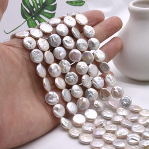 White coin pearls, 10-11mm freshwater pearl beads, flat disk shape coin shape pearl, natural pearl coin bead, good luster quality FC300-WS