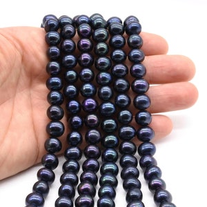 Black pearl 9-10mm, genuine fresh water pearls, dark blue pearl beads,  peacock black large hole 2mm, 2.5mm available, loose pearl, FP660-BS