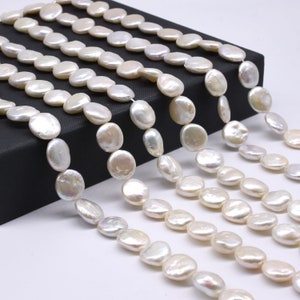 13-14mm coin pearls, white freshwater pearl beads, flat coin shape pearl wholesale, cultured high luster quality pearl, full string FC673-WS