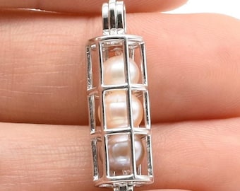 Colgante jaula cilíndrica de plata de ley con múltiples perlas, dije medallón con perlas de los deseos, jaula de plata 925 F2021-P
