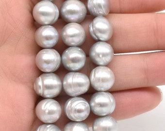 Grey freshwater pearl, 11-12mm natural pearl beads, large hole pearl, drilled up to 2.5mm big hole, ringed gray pearl wholesale, FQ810-AS