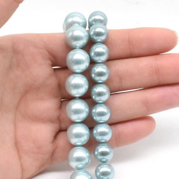 Perles de coquillage bleu, 10mm 12mm Perles rondes bleues de grande taille de qualité A, brin complet de perle de coquillage lisse, perles en vrac pour la fabrication de bijoux, SPR-US