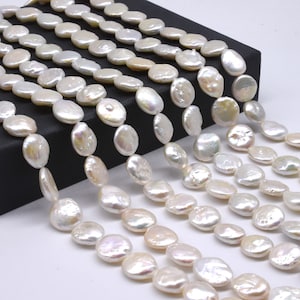 14-15mm coin pearls, flat disk shape coin pearl beads, white freshwater genuine pearl coin bead string, natural flat round pearl, FC745-WS
