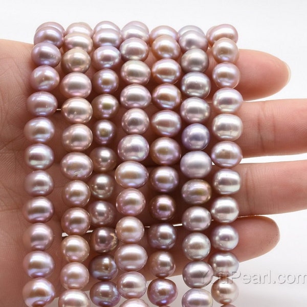 Perle lavande, perles de pomme de terre 7-8 mm, vraie perle d'eau douce naturelle, perles de haute qualité, rang complet de nacre violette, FP400-XS