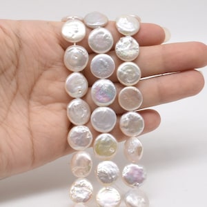 12-13mm coin pearls, white freshwater pearl beads, flat coin shape pearl wholesale, cultured high luster quality pearl, full string FC400-WS