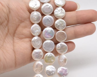 Perles de pièces de 12 à 13 mm, perles blanches d’eau douce, perles plates en forme de pièce en gros, perle de haute qualité de culture, chaîne complète FC400-WS