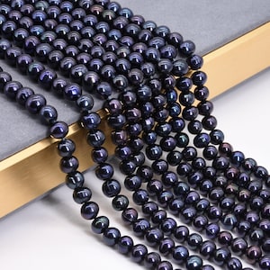 7-8mm black pearls, freshwater potato pearls, genuine fresh water cultured pearl beads, large hole available, full strand, FQ690-BS