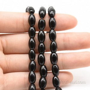 Black onyx beads, 4x6mm 6x9mm 8x12mm 8x16mm rice shape black agate beads, natural gem stone beads, A grade smooth oval agate strands ONX30X0