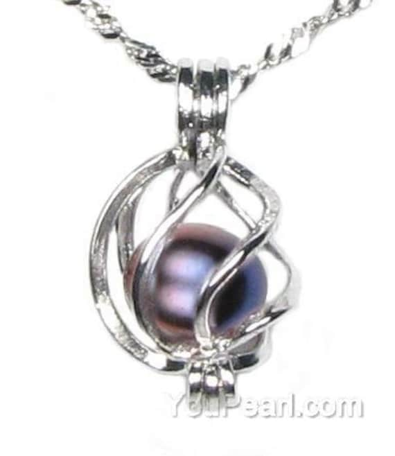 Crystal Heart Charm Pick Pearl 925 Sterling Silver Pearl Cage Necklace Pendant Locket Oval Shape Cage + Silver Plated Necklace + One White Pearl