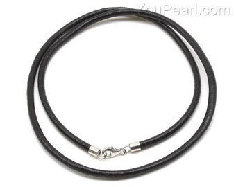 Black leather cord necklace, 1.0mm 1.5mm 2.0mm 3.0mm genuine leather thickness, sterling 925 silver clasp, 16 18 20 inches chain, LC10X0-BN