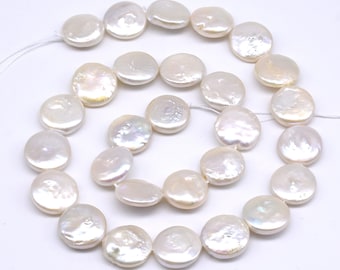13-14mm Coin Pearls, White Freshwater Pearl Beads, Genuine Pearl 