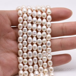 Oval pearl beads, 5-6mm rice shape, freshwater pearl, natural white color pearls, genuine fresh water small pearl, full strand, FM400-XS
