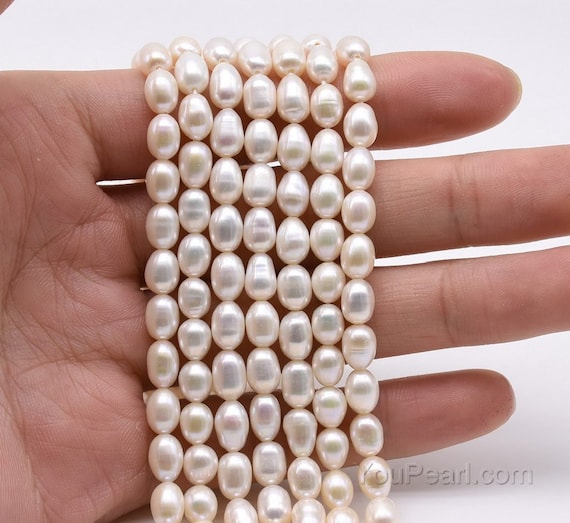 Oval Pearl Beads, 5-6mm Rice Shape, Freshwater Pearl, Natural White Color  Pearls, Genuine Fresh Water Small Pearl, Full Strand, FM400-XS 