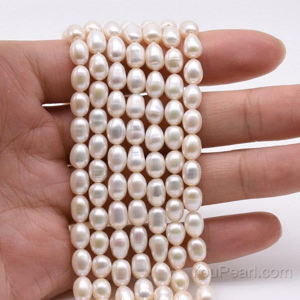 Oval pearl beads, 5-6mm rice shape, freshwater pearl, natural white color pearls, genuine fresh water small pearl, full strand, FM400-XS