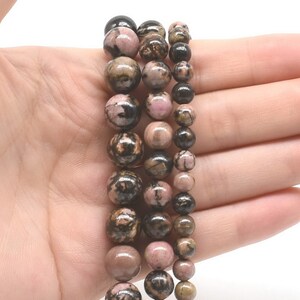 Natural Rhodonite beads, 6mm 8mm 10mm round rhodonite black vein beads, smooth black pink gemstone, round loose beads full strand, RDN21X0
